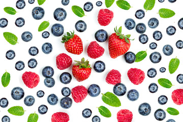Obraz na płótnie Canvas Summer Food Pattern with Fresh berries isolated on white background, top view. Strawberry, raspberry, mint leaf. Mix Berry Flat lay.