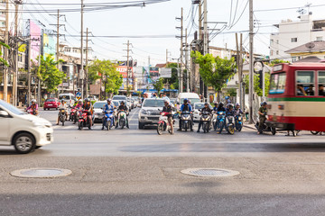 BANGKOK, THAILAND - JUNE 04, 2016: Traffic nears gridlock on a busy road in the city center....