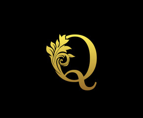 Golden Letter Q Logo Icon . Initial Letter Q Design Vector Luxury Gold Color.Print monogram initials stamp sign symbol.