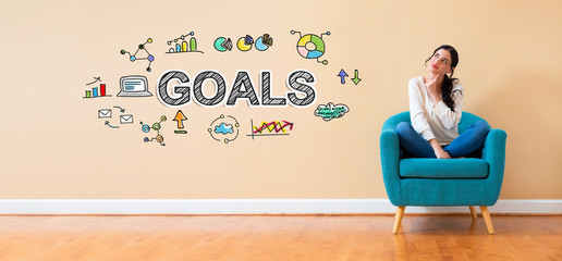 Goal concept with woman in a thoughtful pose in a chair