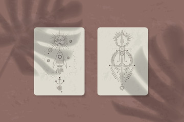shadow of a tropical leaf on paper. tarot cards, seance, astral sacred illustration. geometry, the solar system, cosmic bodies, the sun and the moon. Vector graphics