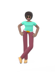 Young cheerful African girl posing in a free pose. Positive character in casual colored clothes isolated on a white background. Funny, happy cartoon man, student, teenager minimal style. 3D rendering.