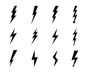 Lightning bolt icon. Electric power arrow, thunderbolt strike. Black voltage sign. Danger concept. Thunder flash, impact electricity. Electricity hazard symbol. High power for battery. vector