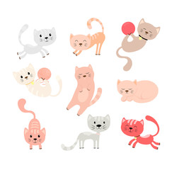 Set of different colored cats in different poses in a flat cartoon style.