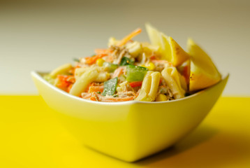 Cavatelli pasta with tuna and iceberg lettuce, carrots, sweet corn and cucumber in a sauce mayonnaise