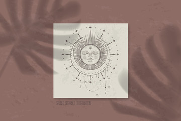 Naklejka premium shadow of a tropical leaf on paper. tarot cards, seance, astral sacred illustration. geometry, the solar system, cosmic bodies, the sun and the moon. Vector graphics