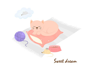 Sleeping kitten on a pillow illustration in a flat cartoon style.