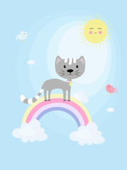 Vector illustration with a cat on a colored rainbow with the sun, a bird on a blue background in a flat cartoon style for children's design.