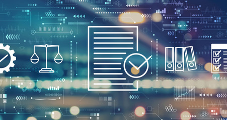 Compliance concept with blurred city abstract lights background