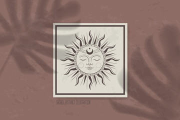 shadow of a tropical leaf on paper. tarot cards, seance, astral sacred illustration. geometry, the solar system, cosmic bodies, the sun and the moon. Vector graphics