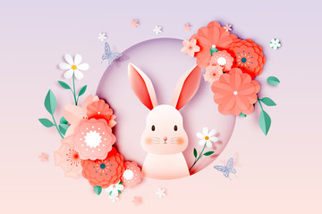 Cutet rabbit and floral paper art