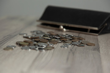  wallet with coins on desk
