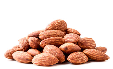 Pile of almonds close-up on a white. Isolated