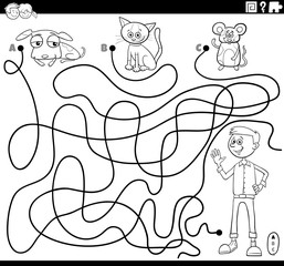 maze with boy and pets coloring book page
