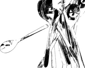 Group of modern spoons of a kitchen in an illustration made with high contrast