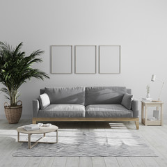 Three blank vertical wooden poster frame mock up in modern minimalist living room interior with gray sofa and palm tree, living room interior background, scandinavian style, 3d render