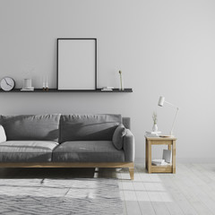 blank poster frame mock up on shelf in gray living room interior background, scandinavian style living room interior , minimalist room with grey sofa, 3d rendering