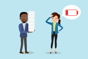 African american male boss with paper stack and tired employee with red low battery,