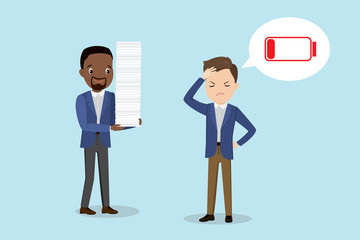 African american male boss with paper stack and tired employee with red low battery