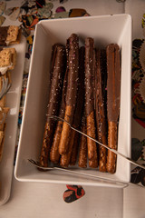 chocolate covered pretzels in a dish