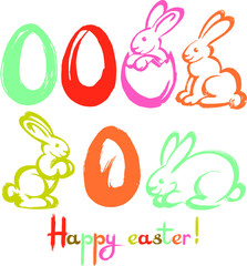 Vector set: easter holiday elements for design pretty cards, posters , decor. Different colors eggs, rabbits. Hand drawn, sketch style