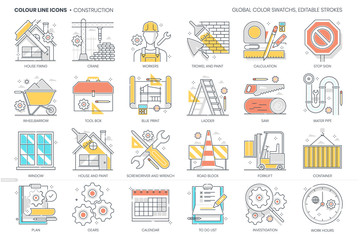 Construction related, color line, vector icon, illustration set