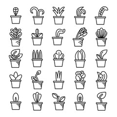 plant in pot and seedling icons line set