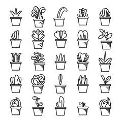 plant in pot and seedling icons line set