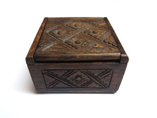 Square dark wooden box isolated on white Background. Decorative dark wood tea box with sliding cover.