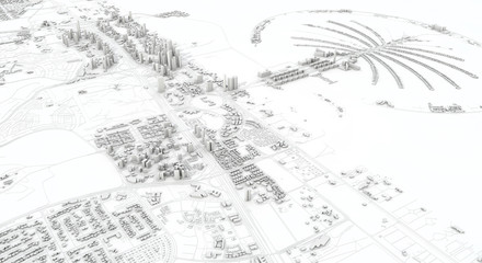 Dubai city map 3D Rendering. Aerial satellite view.