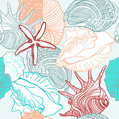 Seamless pattern with seashells. Vector composition template with nautical elements. For printing on fabric, paper.