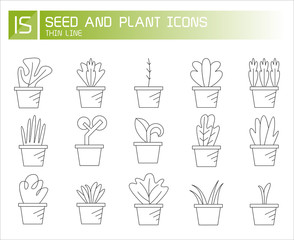 plant in pot and seedling icons line set