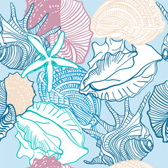Seamless pattern with seashells. Vector composition template with nautical elements. For printing on fabric, paper.