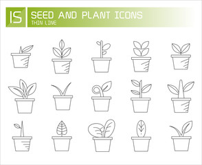 plant in pot and seedling icons line set