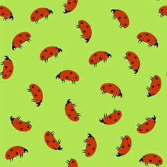 Seamless pattern with ladybugs on green background. Flat vector illustration.