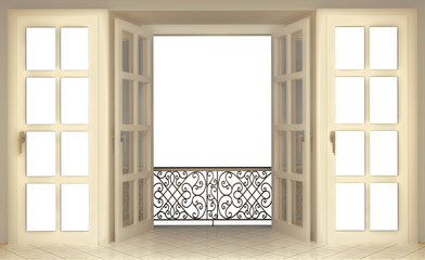 French window with a balcony with patterned lattice on a white background- 3d rendering