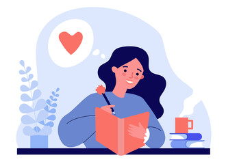 Teenage girl writing diary or journal. Happy young woman reading book and taking notes with pencil. Vector illustration for journal, author, student, teenager in love concept