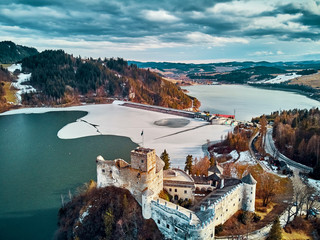 Beautiful panoramic aerial drone view to the Niedzica Castle also known as Dunajec Castle, located...