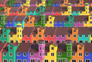 Many colored low-rise houses stand tightly in a row on cascading terraces of rolling hills. Bright multi-colored townhouses. 3D render.