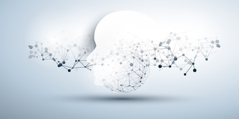 Machine Learning, Artificial Intelligence, Cloud Computing and Networks Design Concept with Human or Robot Face Silhouette and Polygonal Network Mesh