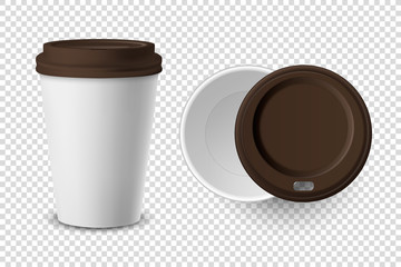 Vector 3d Realistic Disposable Opened and Closed with Lid Paper, Plastic Coffee Cup for Drinks Icon Set Closeup Isolated on Transparent Background. Design Template, Mockup. Top and Front View