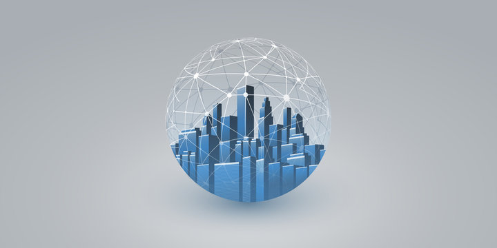 Smart City, Cloud Computing Design Concept with Transparent Globe - Digital Network Connections, Technology Background