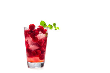 Raspberry alcoholic cocktail with liqueur, vodka, ice and mint on a white background. Raspberry...