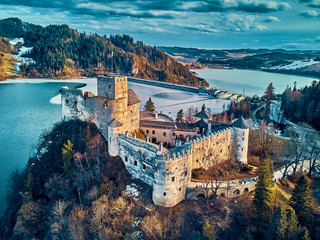 Beautiful panoramic aerial drone view to the Niedzica Castle also known as Dunajec Castle, located in the southernmost part of Poland in Niedzica, Nowy Targ County, Dunajec River, Lake Czorsztyn