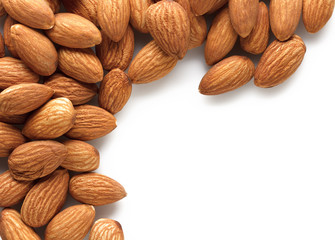 almonds isolated on white background with place for text
