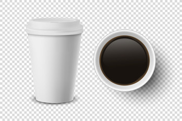 Vector 3d Realistic Disposable Opened Paper, Plastic Coffee Cup for Drinks Icon Set Closeup Isolated on Transparent Background. Design Template, Mockup. Top and Front View