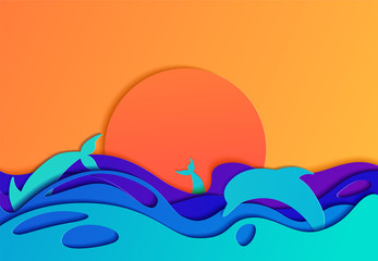 Summer landscape of the sea with dolphins at sunset in paper cut background. Abstract realistic paper decoration for design textured with cardboard wavy colorful layers. 3d relief. The art of carving.