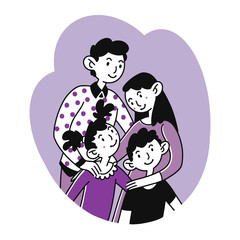 Happy family portrait. Couple hugging to kids flat vector illustration. Unity, love, togetherness concept for banner, website design or landing web page