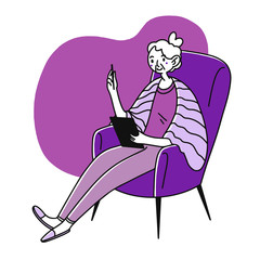 Grandma using tablet. Senior lady reading book on gadget screen flat vector illustration. Digital technology, communication concept for banner, website design or landing web page
