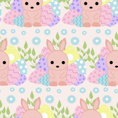 colorful easter eggs and pink bunny, seamless pattern